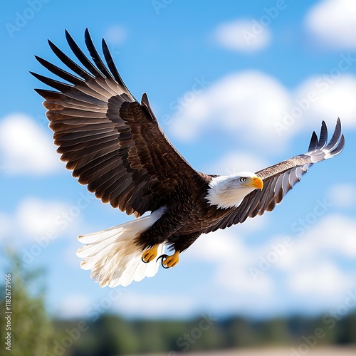 Majestic bald eagle in flight against a vibrant blue sky, showcasing its powerful wings and sharp gaze. photo