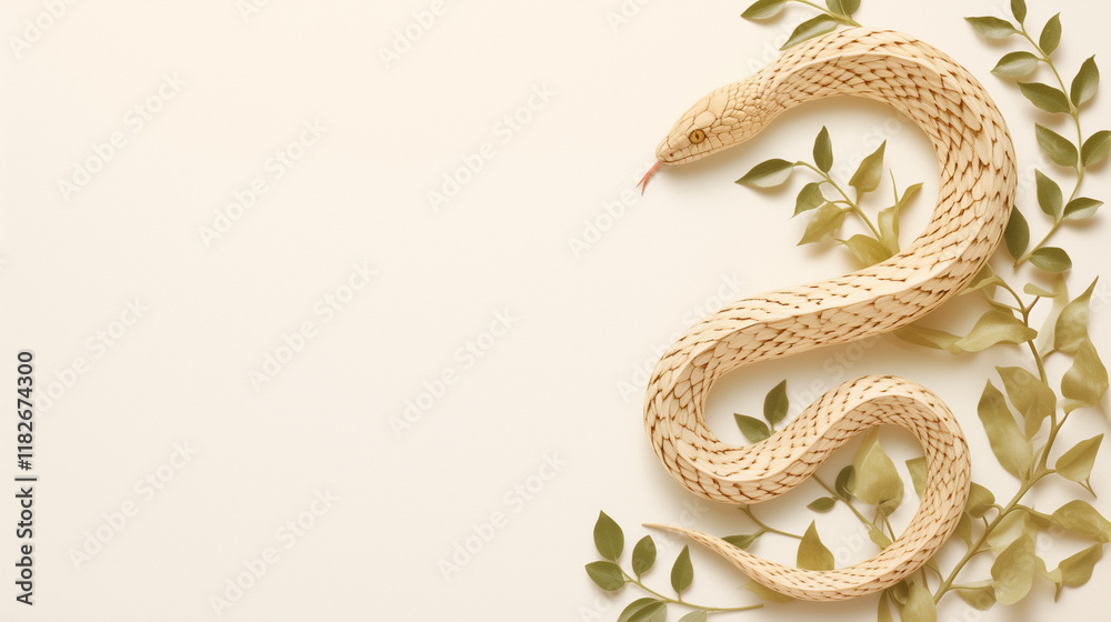 Fototapeta premium Decorative snake entwined with green leaves on a light background, capturing the essence of nature and elegance.