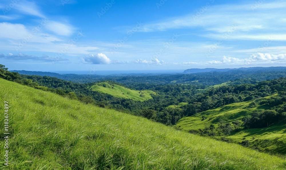 Obraz premium Lush green hillside with a clear blue sky in the background. Concept of tranquility and serenity, as the vast expanse of green grass stretches out as far as the eye can see