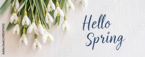  watercolor postcard featuring the phrase  surrounded by snowdrop flowers. Hello Spring  text banner on a transparent background, featuring a blend of pastel floral designs and hand-lettered typograph photo