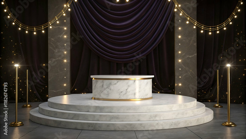 Luxurious Product Display Polished White Marble Podium with Golden Highlights, Illuminated Amidst Velvet Curtains and Glowing Bokeh Lights for a Sophisticated Presentation