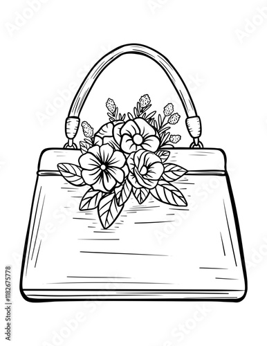 Vintage woman handbag with flowers, black and white illustration, for design and decoration, vector image, postcard, sticker, print