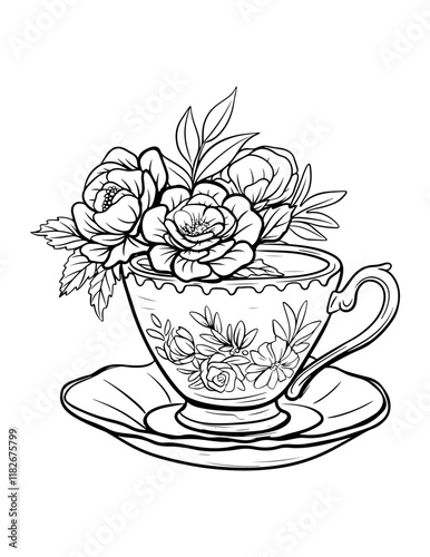 Vintage illustration, tea cup and saucer, rose flower arrangement, lai-art, vector, image isolated black on white background