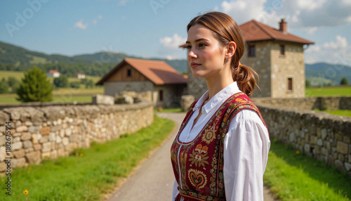 Young woman in traditional Bulgarian costume walking in rural village, cultural heritage