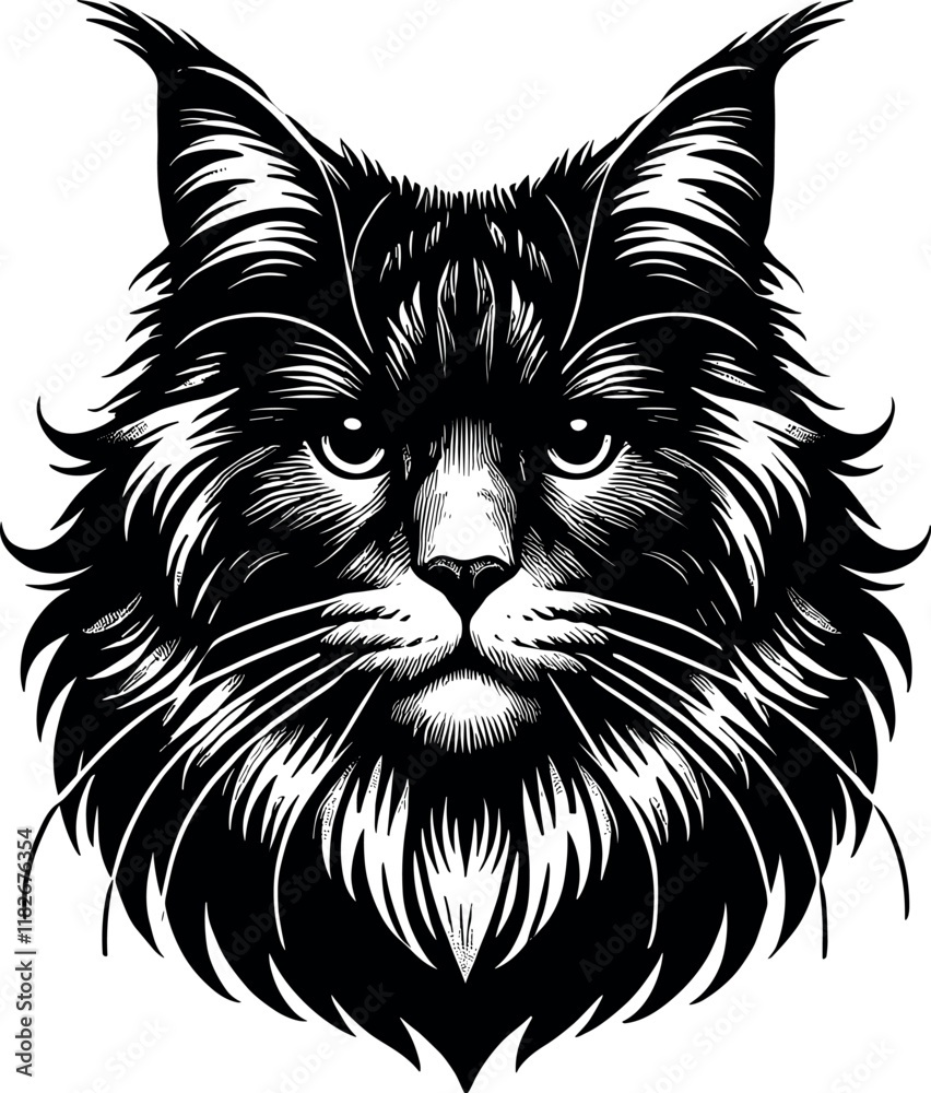 Maine Coon Cat Front Face Vector Black Silhouette Cricut Design for T-Shirt Maine Coon Cat Front Face Vector Black Silhouette Cricut Design for T-Shirt
