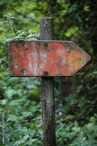 Bunte Wegweiser-Platte im rustikalen, verwitterten Stil: Ein Hinweis auf den Weg durch den Wald photo