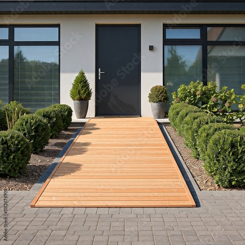  modern home entrance with a wooden wheelchair ramp for easy access, surrounded by greenery. It combines inclusivity, convenience, and minimalist design for functional beauty