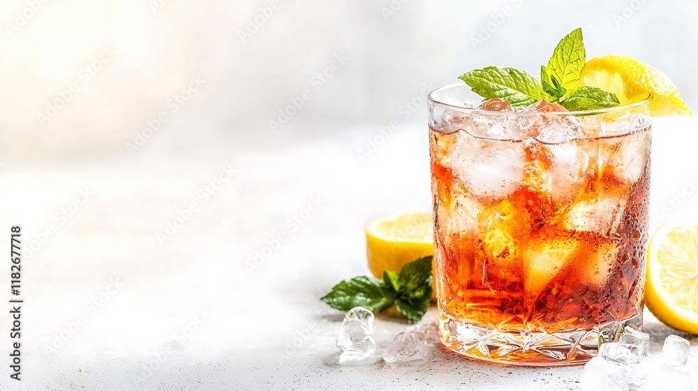 Refreshing iced tea with lemon and mint in a rocks glass on a white background. Refreshing iced tea with lemon and mint in a rocks glass on a white background.