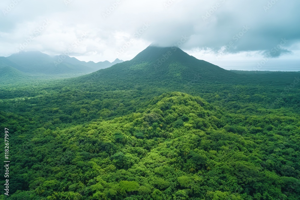 Lush green landscapes and majestic mountains under a cloudy sky in a tropical paradise Lush green landscapes and majestic mountains under a cloudy sky in a tropical paradise