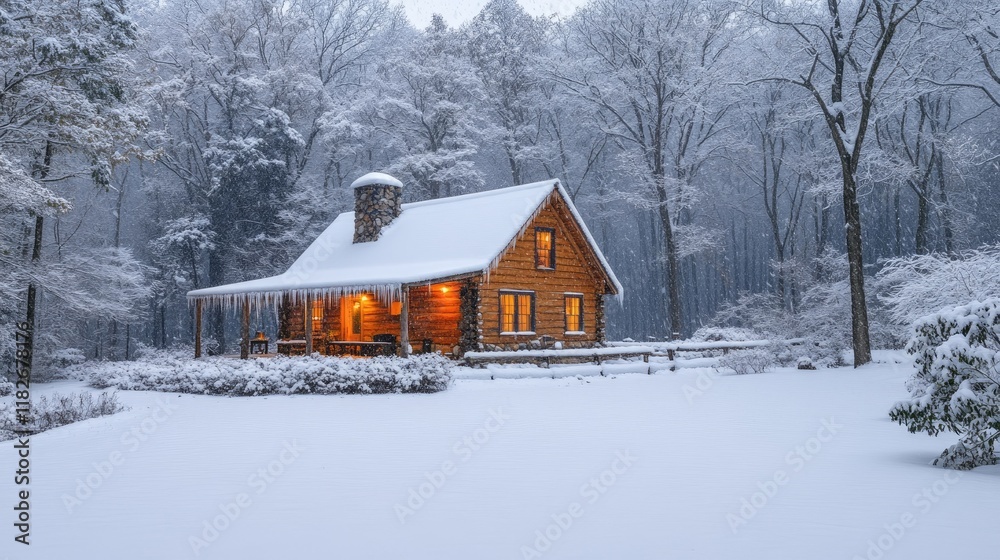 Cozy Cabin Illuminated in a Snowy Winter Forest Cozy Cabin Illuminated in a Snowy Winter Forest