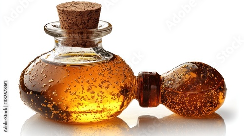 A glass bottle of amber liquid with bubbles, likely a perfume or essential oil.
