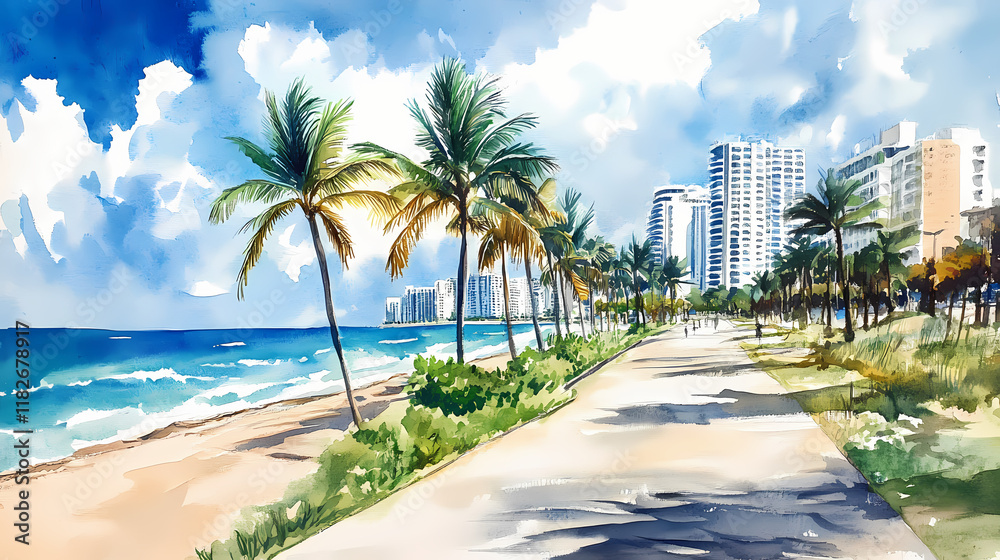Obraz premium Watercolor painting illustration of seafront beach promenade with palm trees in fort lauderdale. Seafrost. Illustration