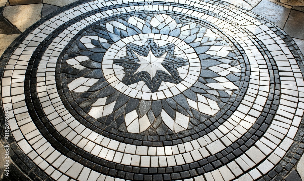 Mosaic tile floor with a black and white design. The design is circular and has a star in the center Mosaic tile floor with a black and white design. The design is circular and has a star in the center