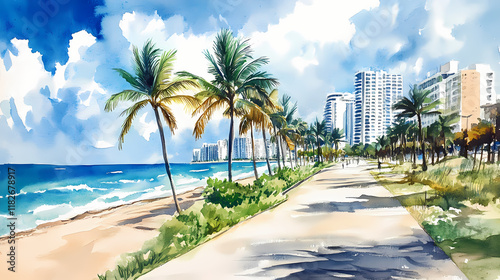 Watercolor painting illustration of seafront beach promenade with palm trees in fort lauderdale. Seafrost. Illustration