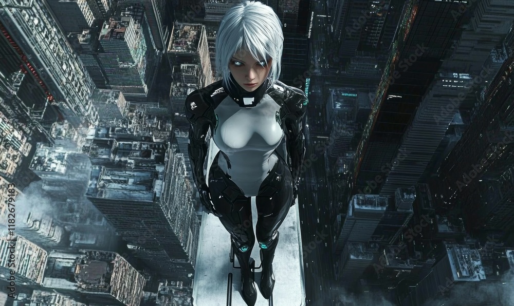 Futuristic anime girl with silver hair, glowing cybernetic implants, wearing a sleek bodysuit, standing on a hovering platform in a sci-fi cityscape.
