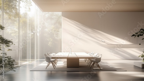 Centered composition of a professional team meeting in a Muji-style space, soft natural light