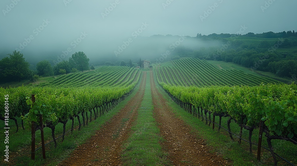 Fototapeta premium Foggy morning vineyard pathway leads to distant house