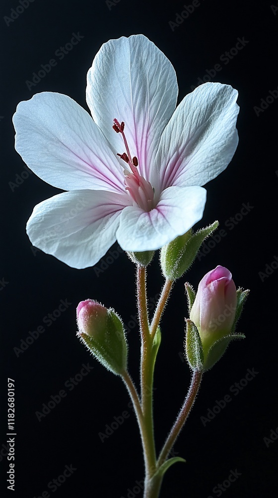 White flower bloom, buds, dark background; botanical, nature photography White flower bloom, buds, dark background; botanical, nature photography