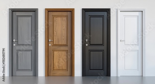 Choices Ahead: Four Distinct Doors on a Neutral Grey Canvas