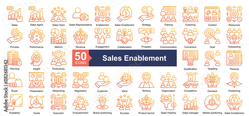 Sales Enablement icon collection set. Containing Sales, Sales agent, Sales Team, Sales Representative, Enablement, Sales Enablement, Strategy, Training, Coaching, Content, Resources, Process, Performa