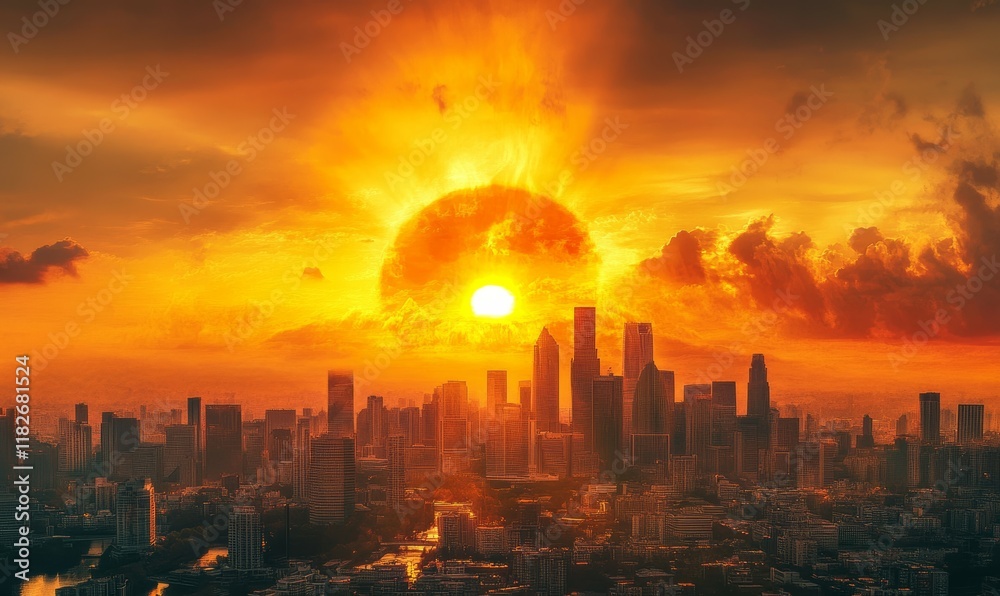 Fototapeta premium Global warming concept. dramatic sunset over city skyline, with fiery sun effects
