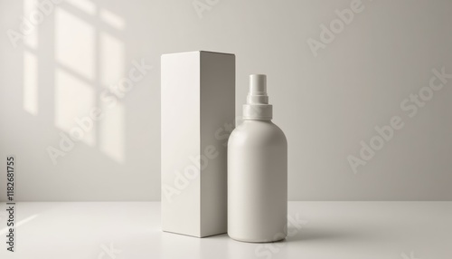 Realistic spray bottle mockup next to sleek box, minimalistic background, soft lighting, focusing on product details