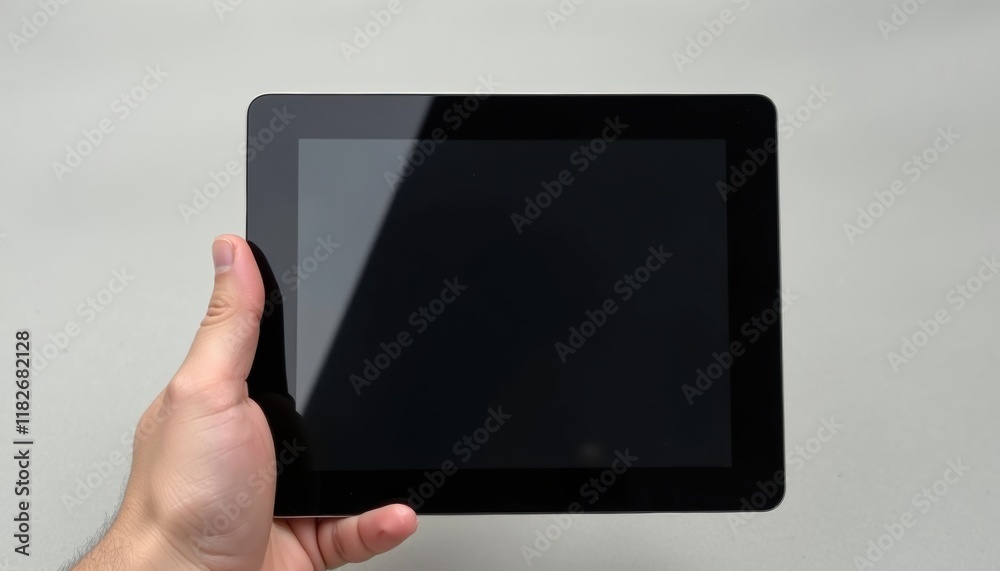 Isolated tablet being held by a hand, with the screen visible, displayed against a smooth, neutral-colored surface Isolated tablet being held by a hand, with the screen visible, displayed against a smooth, neutral-colored surface