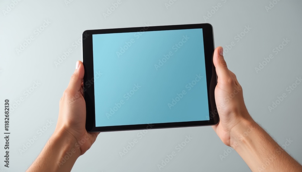 Realistic tablet mockup being held by a hand, displaying the screen with a clean, neutral background and soft lighting Realistic tablet mockup being held by a hand, displaying the screen with a clean, neutral background and soft lighting