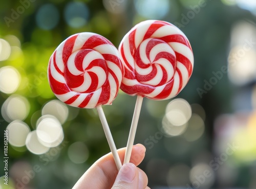 A hand holding three red and white swirled lollipops, close-up photography, holiday concept