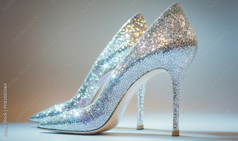 Obraz premium Pair of silver high heels with a lot of sparkles on them. The shoes are pointed and have a shiny, glittery appearance