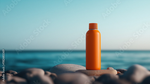 Bunte Trinkflasche auf Kieselsteinen am ruhigen Meer

 photo