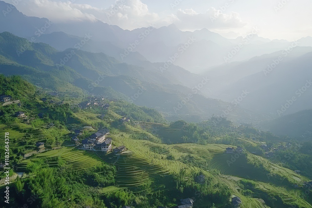 Naklejka premium Breathtaking sunrise over terraced hills in a tranquil mountain village