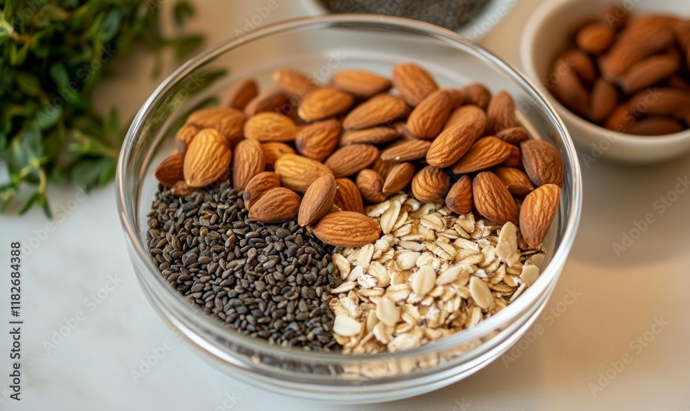 Granola balls with almonds, seeds and nuts in a bowl on countertop. Granola balls with almonds, seeds and nuts in a bowl on countertop.