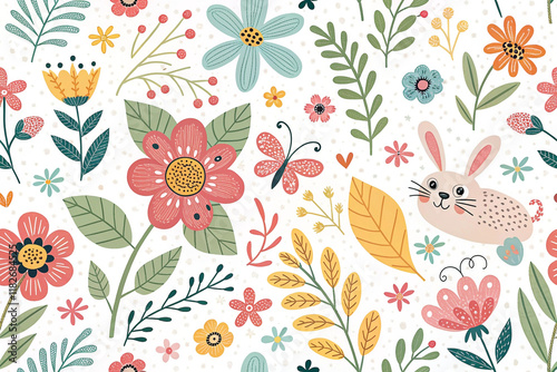 Cute bunny and floral seamless pattern.