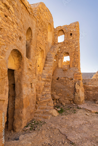 Chenini, Tunisia. Stairs on ancient stone ruins in the town of Tataouine. photo