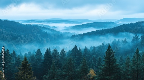 Misty Mountains Enveloped In A Blue Forest