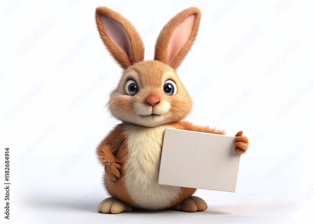 Obraz premium Adorable 3D Cartoon Bunny Holding Blank Signboard - White Background High Contrast Studio Shot