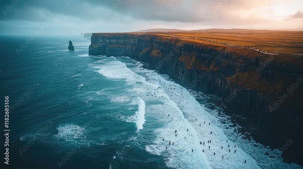 Naklejka premium Dramatic Cliffs Dramatic Ocean Waves People Exploring