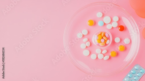 Contraceptive pills, condoms and intrauterine device on pink background, flat lay. Different birth control methods photo