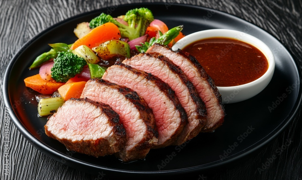 Plate of meat with a side of vegetables and a sauce. The meat is cut into slices and is served on a black plate Plate of meat with a side of vegetables and a sauce. The meat is cut into slices and is served on a black plate