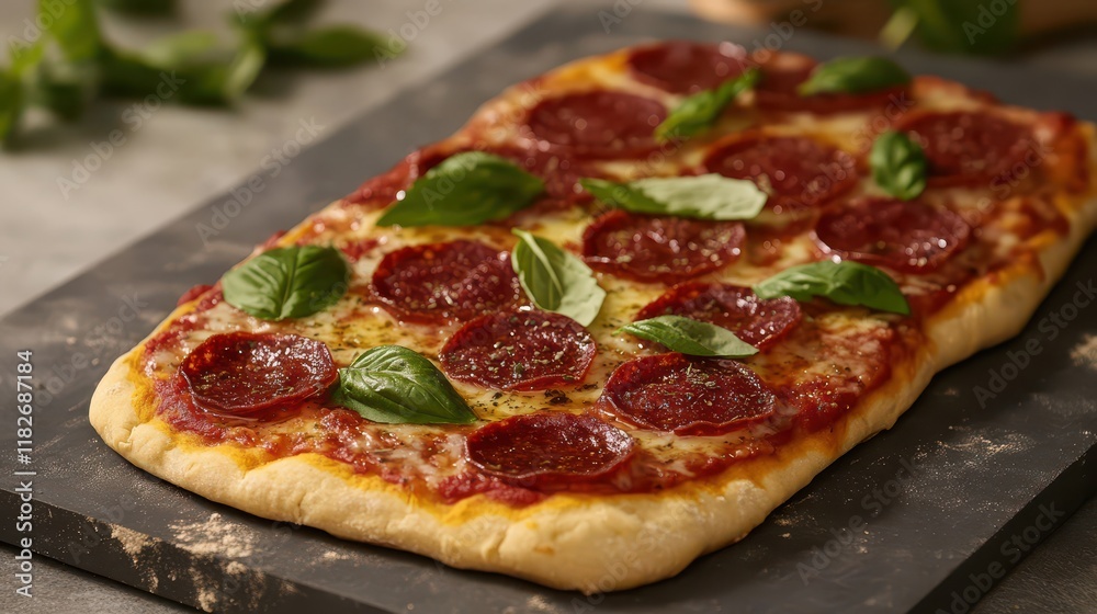 Tasty pepperoni pizza with basil on grey table Tasty pepperoni pizza with basil on grey table