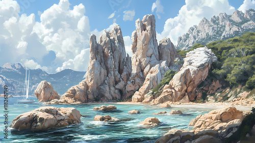 Granite rock formations in corsica's rugged coastline, coraline rocks, sailing, seafront. Seafrost. Illustration photo