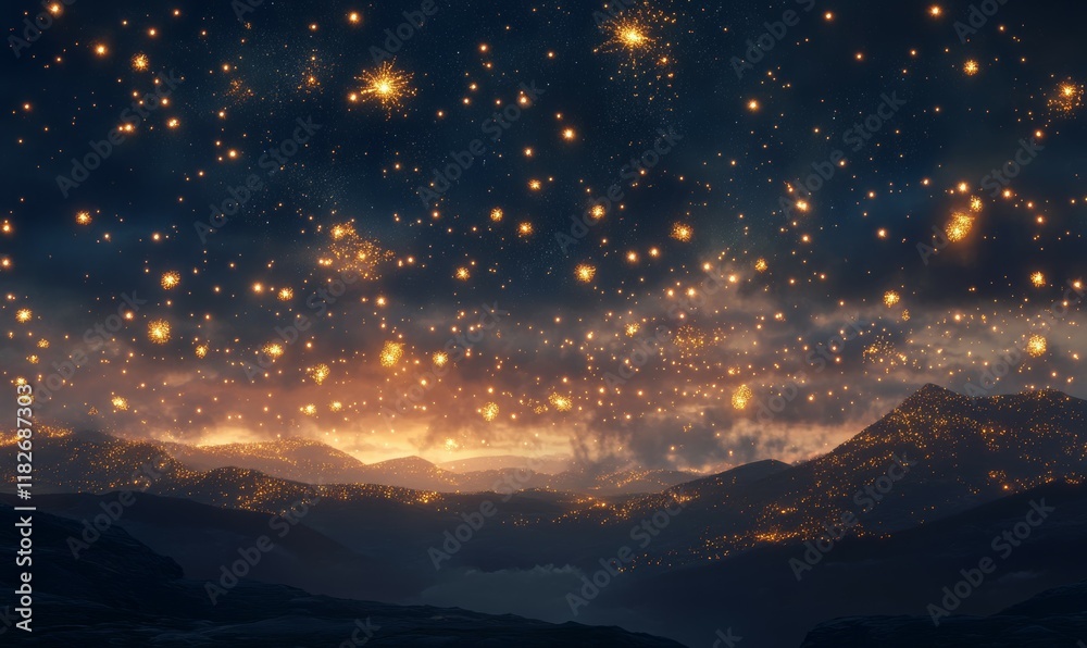 Fototapeta premium Happy New Year Celebration Text with Festive Gold Fireworks Collage in Night Sky