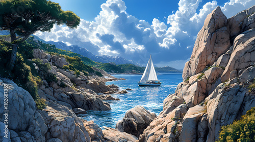 Granite rock formations in corsica's rugged coastline, sailing, boat. Seafrost. Illustration photo