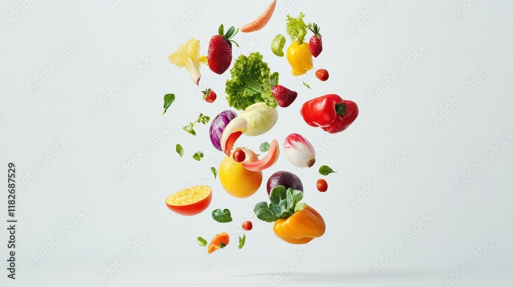 Different fresh fruits and vegetables in air on white background Different fresh fruits and vegetables in air on white background