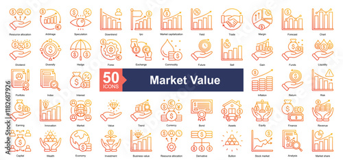 Market Value icon collection set. Containing Resource allocation, Arbitrage, Speculation, Downtrend, Ipo, Market capitalization, Yield, Trade, Margin icon. Simple outline gradient illustration.	
