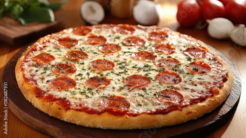 Delicious Margherita pizza and ingredients on wooden table