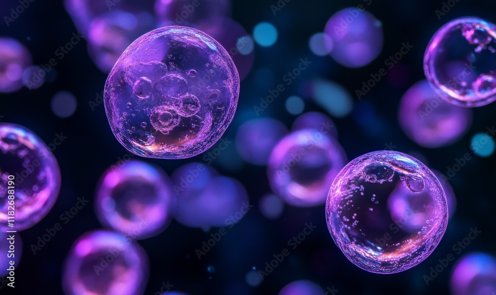 Purple bubbles floating on dark background, creating a colorful and artistic bokeh effect. Purple bubbles floating on dark background, creating a colorful and artistic bokeh effect.