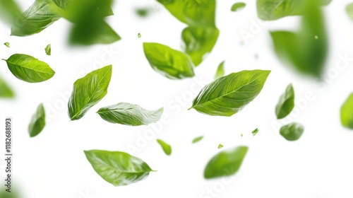 Fresh basil leaves in air on white background