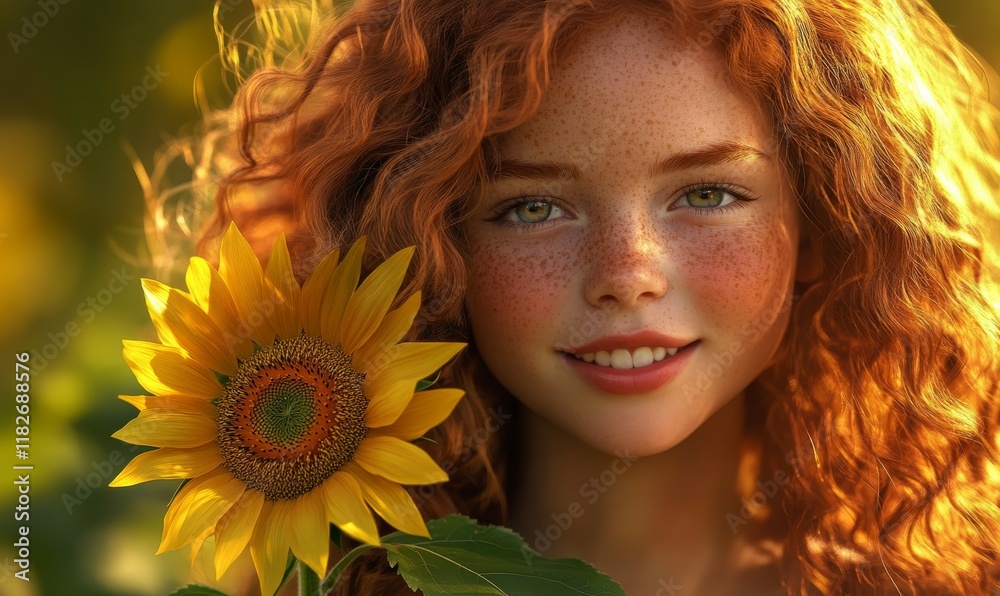 Radiant girl with freckles, curly red hair, and a bright smile, holding a sunflower in a lush green field during golden hour Radiant girl with freckles, curly red hair, and a bright smile, holding a sunflower in a lush green field during golden hour